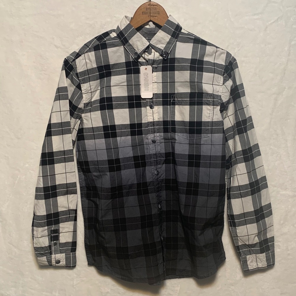 NWT Gymboree Boys XL 14 Plaid Button Down Shirt Long Sleeve Ombre Black‎ White